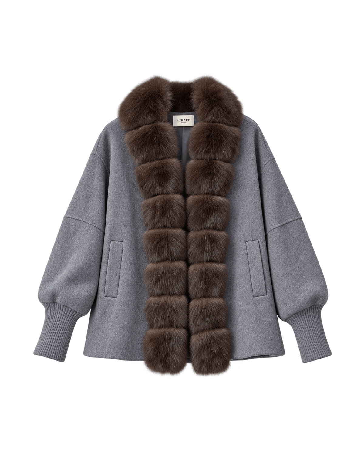 MIRAEE-UNIFORM-2026 | SOLÈNE – Jacke mit Kunstpelzbesatz und Rippbündchen – Grau – freigestellte Produktansicht auf weißem Hintergrund