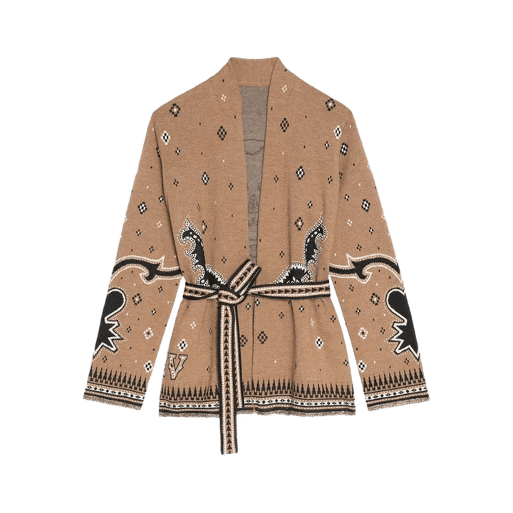 TARA – Vintage Fransen-Cardigan mit Print | V-Neck - ZAYVI