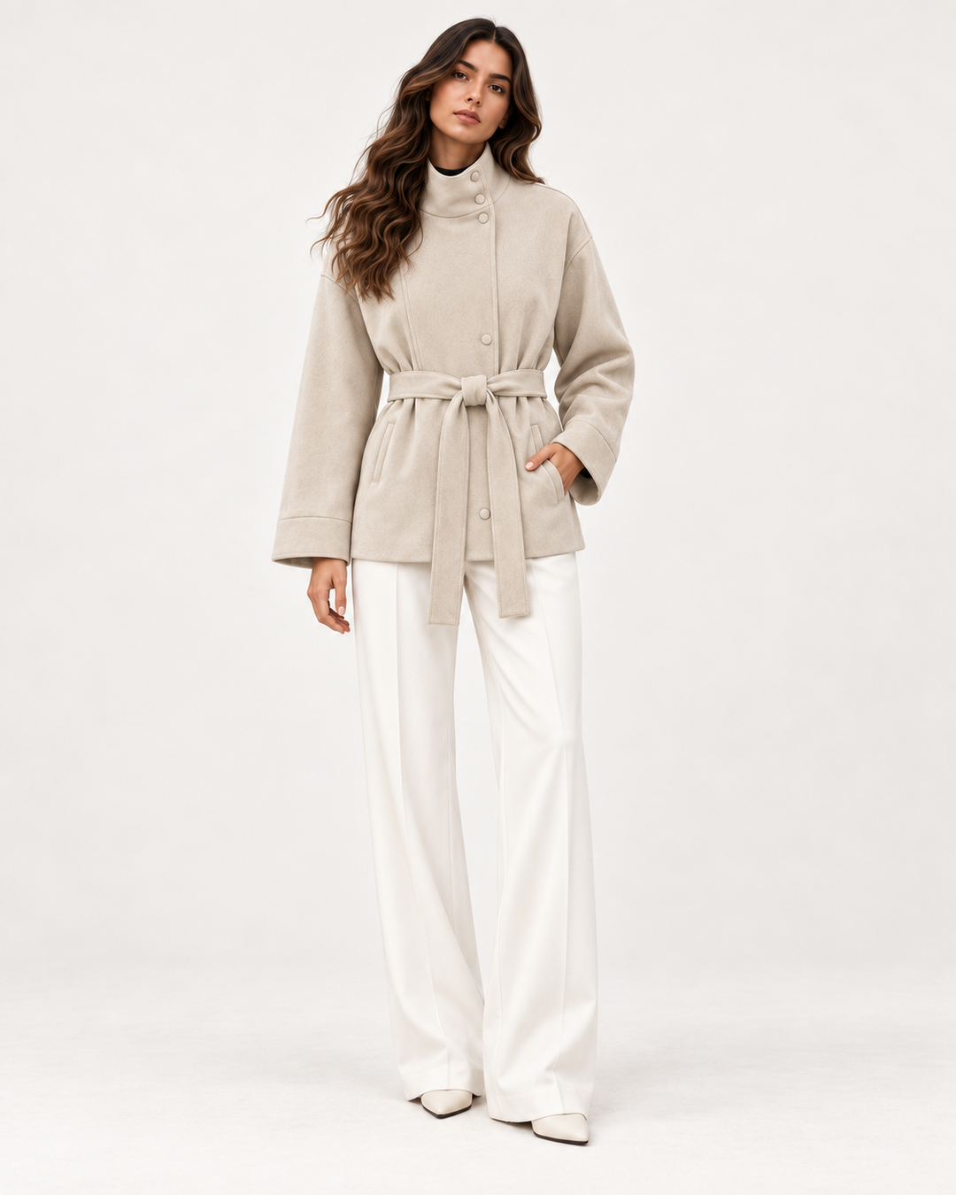 VALÉRIE Mantel in Beige – Modelansicht vorne