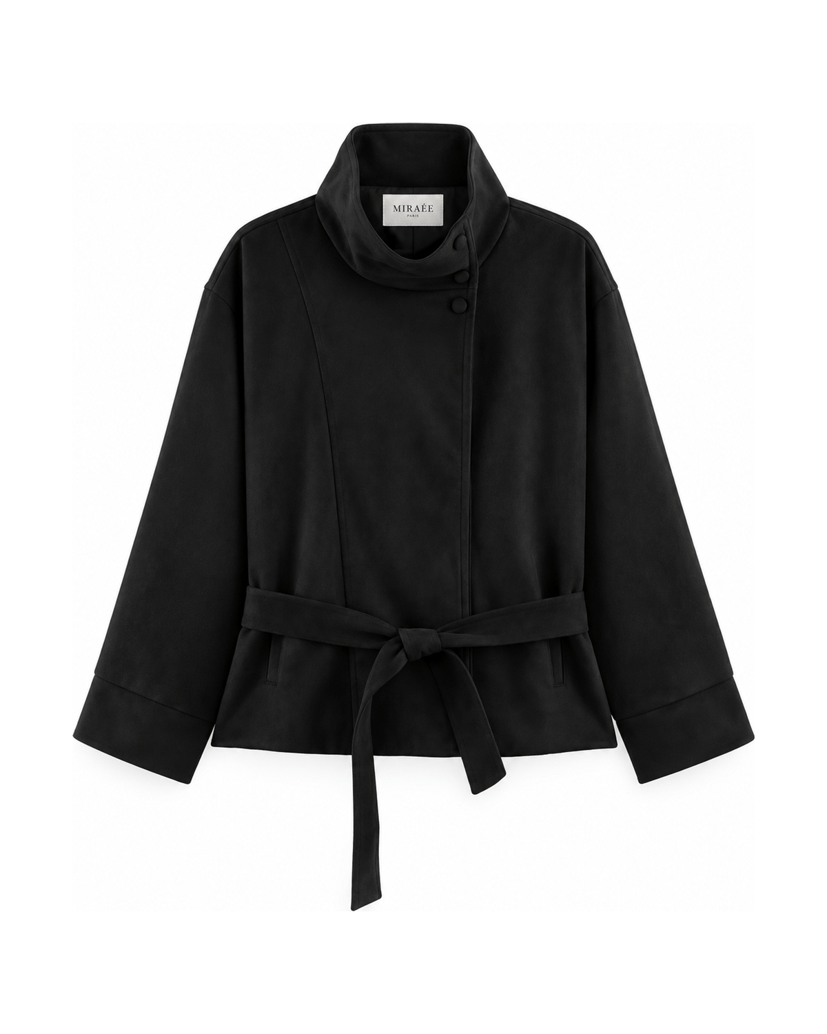 MIRAEE-UNIFORM-2026 | VALÉRIE – Eleganter Mantel in Veloursoptik mit Gürtel – Black – freigestellte Produktansicht auf weißem Hintergrund