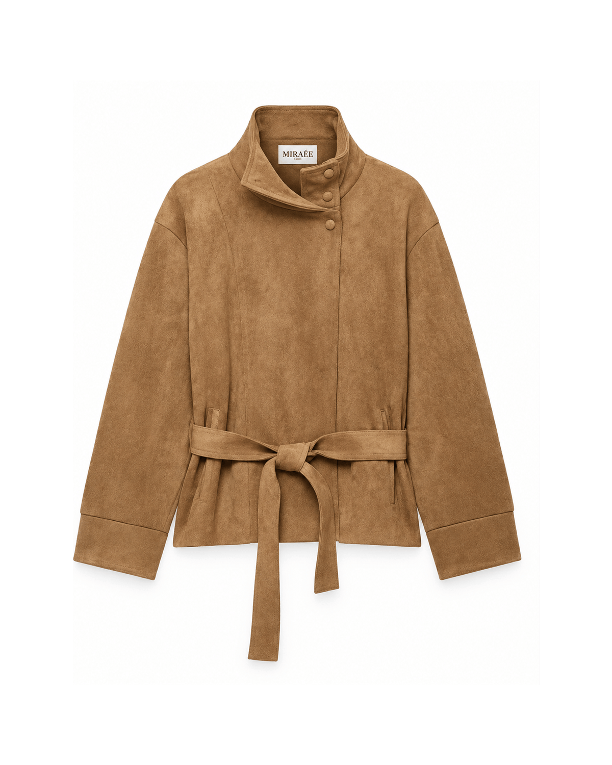 MIRAEE-UNIFORM-2026 | VALÉRIE – Eleganter Mantel in Veloursoptik mit Gürtel – Khaki – freigestellte Produktansicht auf weißem Hintergrund