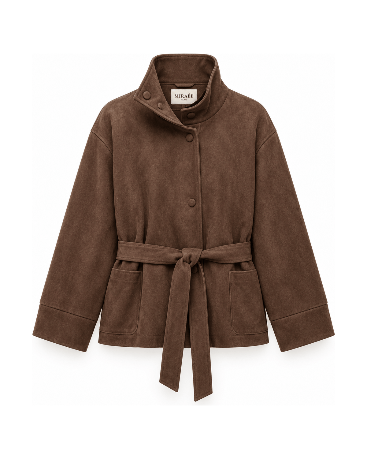 MIRAEE-UNIFORM-2026 | VALÉRIE – Eleganter Mantel in Veloursoptik mit Gürtel – Brown – freigestellte Produktansicht auf weißem Hintergrund