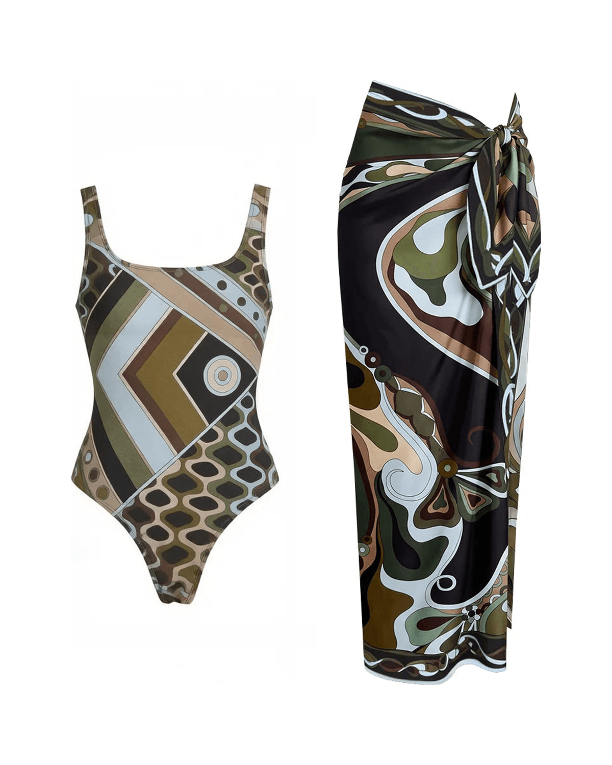 MIRAEE-UNIFORM-2026 | Vintage Print Long Sleeve Swimsuit Set – BIKINI-SKIRT – freigestellte Produktansicht auf weißem Hintergrund