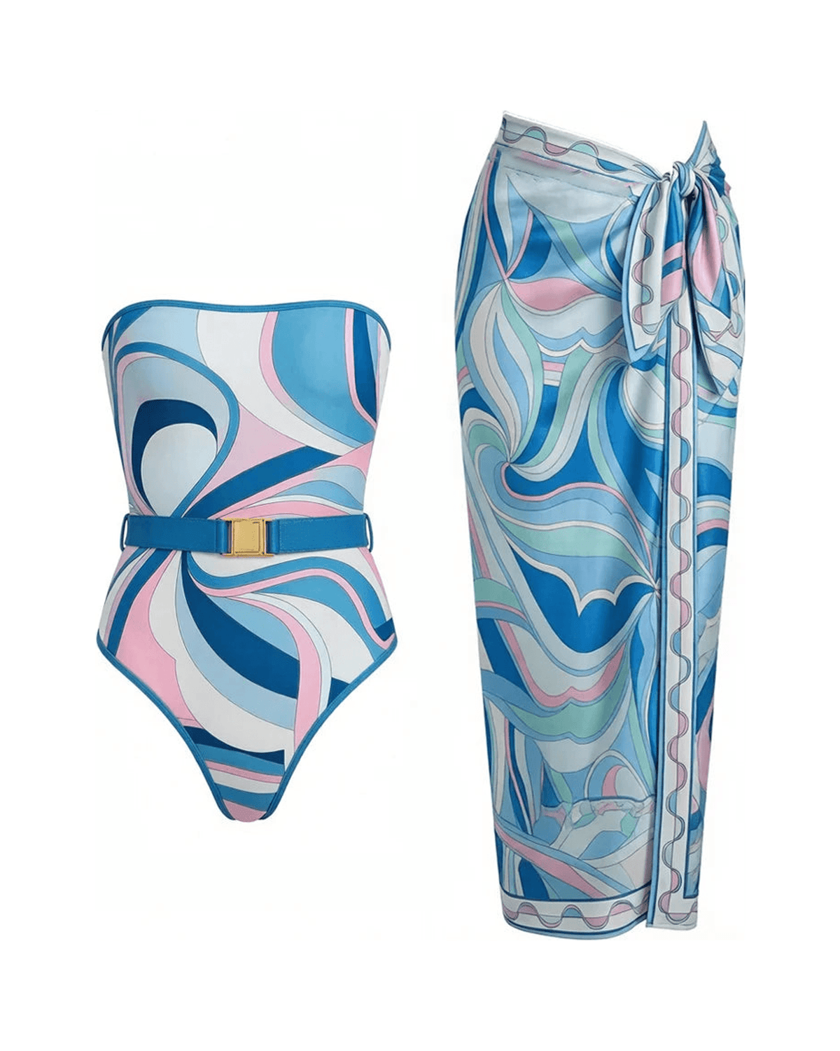 MIRAEE-UNIFORM-2026 | Vintage Print Long Sleeve Swimsuit Set – BIKINI-SKIRT 1 – freigestellte Produktansicht auf weißem Hintergrund