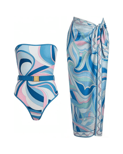 MIRAEE-UNIFORM-2026 | Vintage Print Long Sleeve Swimsuit Set – BIKINI-SKIRT 1 – freigestellte Produktansicht auf weißem Hintergrund