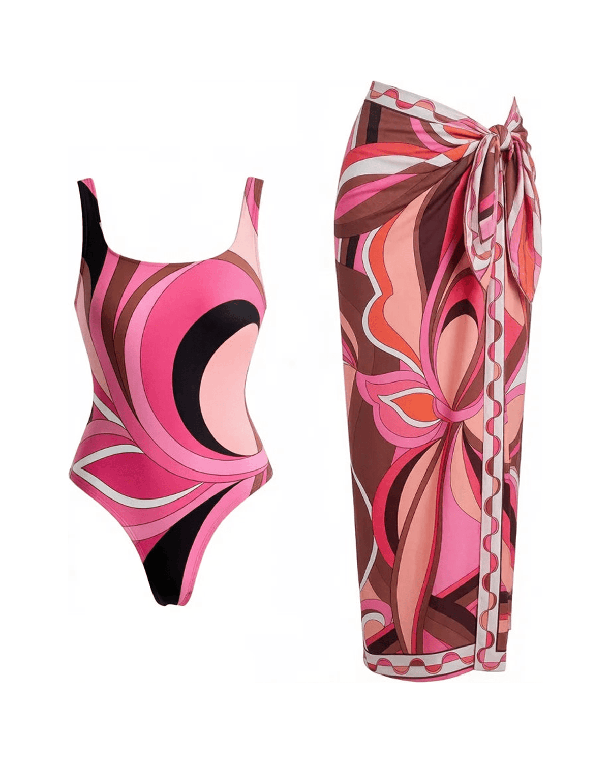 MIRAEE-UNIFORM-2026 | Vintage Print Long Sleeve Swimsuit Set – BIKINI-SKIRT 3 – freigestellte Produktansicht auf weißem Hintergrund
