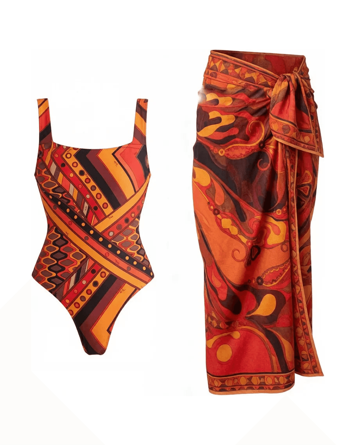 MIRAEE-UNIFORM-2026 | Vintage Print Long Sleeve Swimsuit Set – BIKINI-SKIRT 4 – freigestellte Produktansicht auf weißem Hintergrund