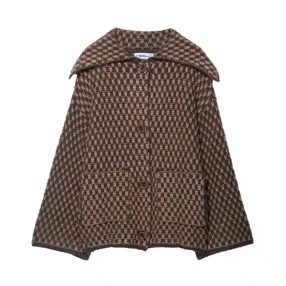 Vintage Wool Cape „Claudie“ – Brown Houndstooth - Miraee Paris